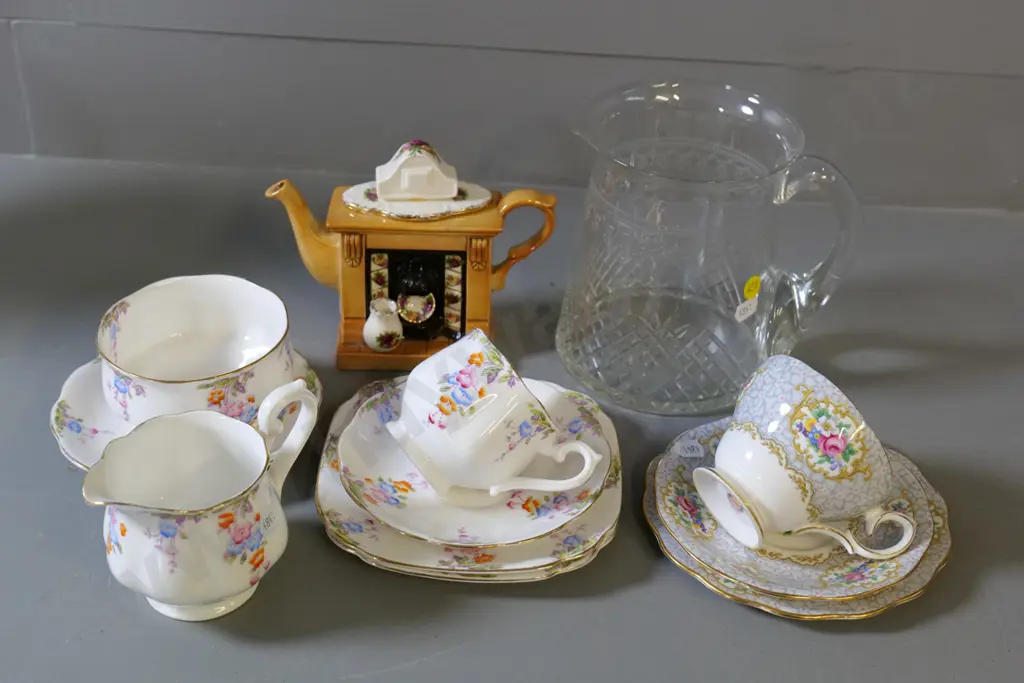 etched glass jug, novelty Royal Albert teapot, Royal Albert trio, saucer and jug & Queen Ann trio Image 1++