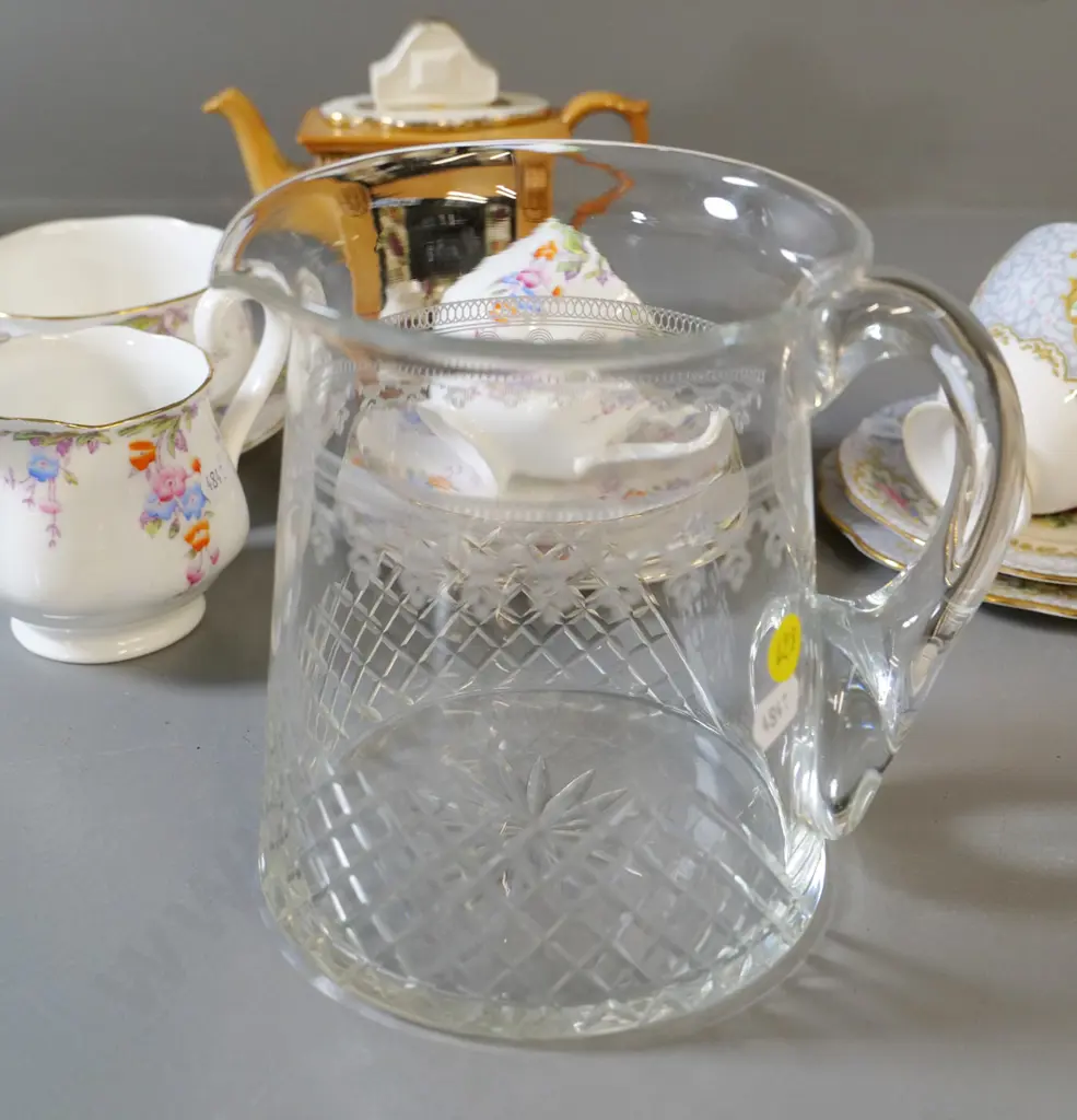 etched glass jug, novelty Royal Albert teapot, Royal Albert trio, saucer and jug & Queen Ann trio Image 1++