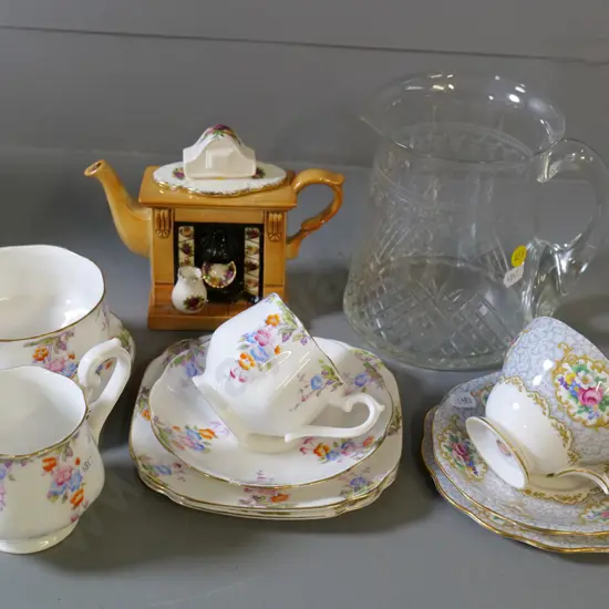 etched glass jug, novelty Royal Albert teapot, Royal Albert trio, saucer and jug & Queen Ann trio