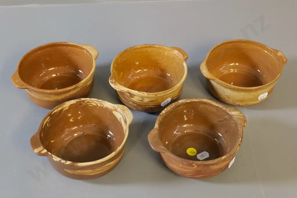 Temuka pottery - 5 Te Rona swirl glaze ramekins, model 55, some signed RS Lovatt H-55 W-140 Image 1++