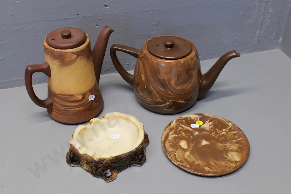 Te Rona teapot & stand, coffee pot H-200 and a Temuka tree-stump ash-tray L-140 W-120 Image 1++