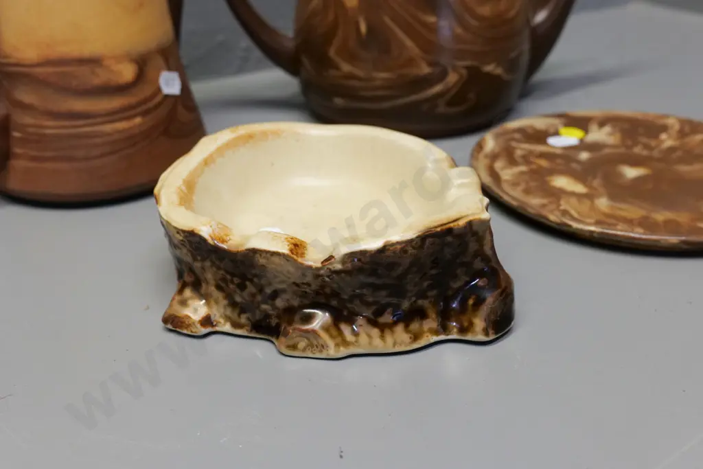 Te Rona teapot & stand, coffee pot H-200 and a Temuka tree-stump ash-tray L-140 W-120 Image 1++