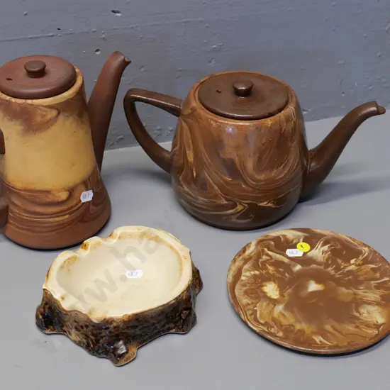 Te Rona teapot & stand, coffee pot H-200 and a Temuka tree-stump ash-tray L-140 W-120