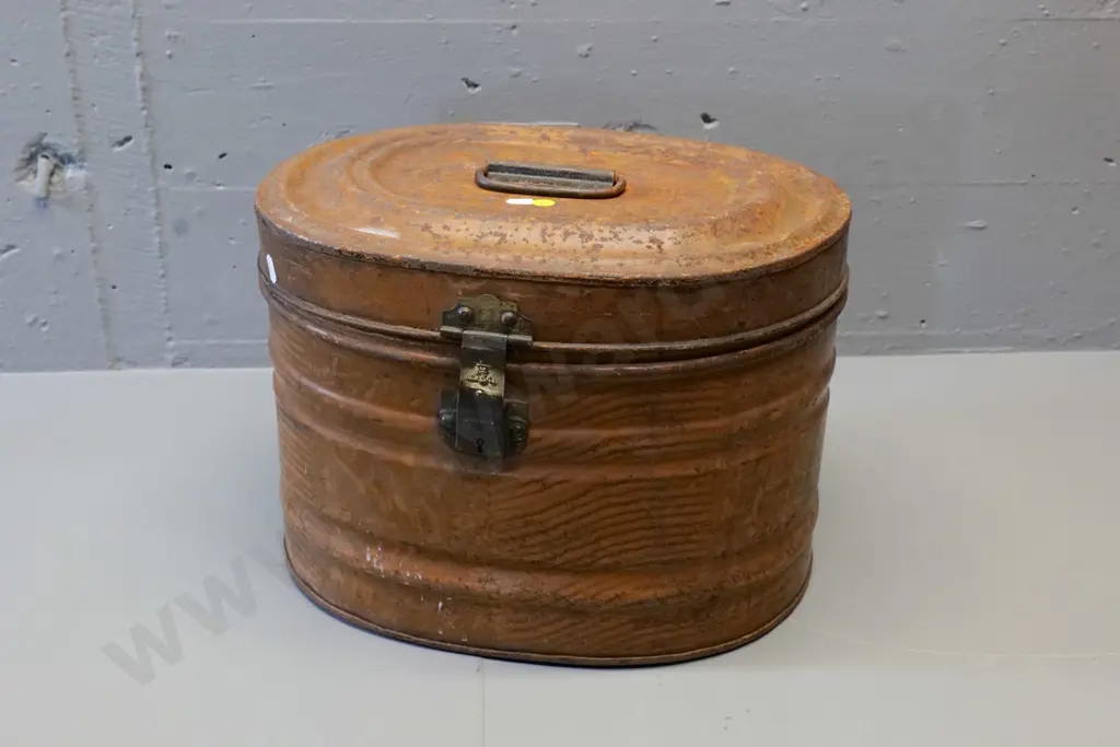 vintage tin hat box with brass catch, faux wood-grain finish - corrosion and paint loss H-280 W-380 D-310 Image 1++