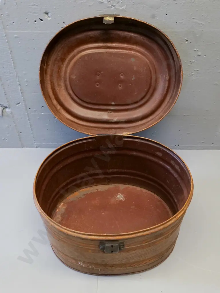 vintage tin hat box with brass catch, faux wood-grain finish - corrosion and paint loss H-280 W-380 D-310 Image 1++