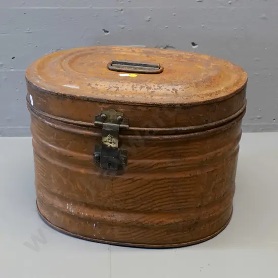 vintage tin hat box with brass catch, faux wood-grain finish - corrosion and paint loss H-280 W-380 D-310