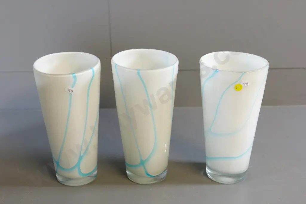 set of 3 art glass vases - milk glass with teal blue patterns H-240 D-125 at top Image 1++