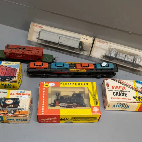 assorted model railway items - boxed Fleischmann locomotive, assorted rolling stock including 3 Airfix kits, etc.