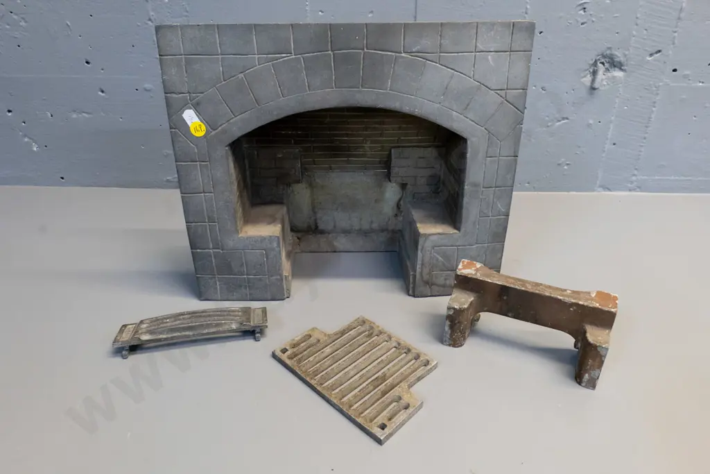 circa 1920s cast metal miniature sales display fireplace model with removable grates - H-275 W-335 D-105 Image 1++