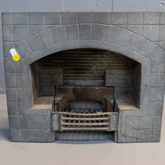circa 1920s cast metal miniature sales display fireplace model with removable grates - H-275 W-335 D-105