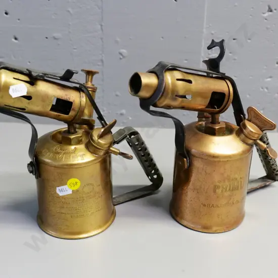 2 vintage brass blow torches - Primus Sweden H-220 W-250 and Max Sievert Sweden H-210 W-230