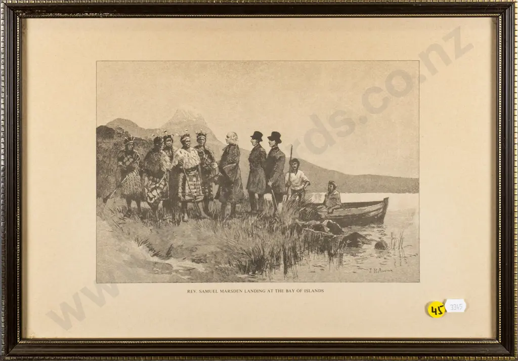 framed print "Rev Samuel Marsden Landing at the Bay of Islands" H-185 W-260 Image 1++