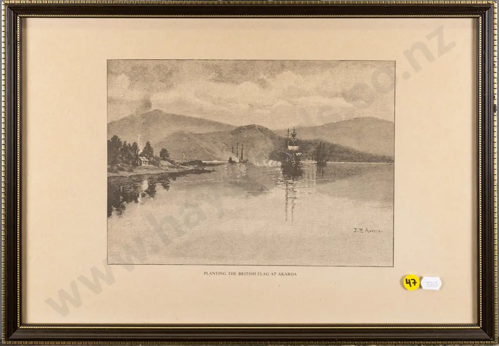 framed print "Planting the British Flag at Akaroa" H-180 W-240 Image 1++