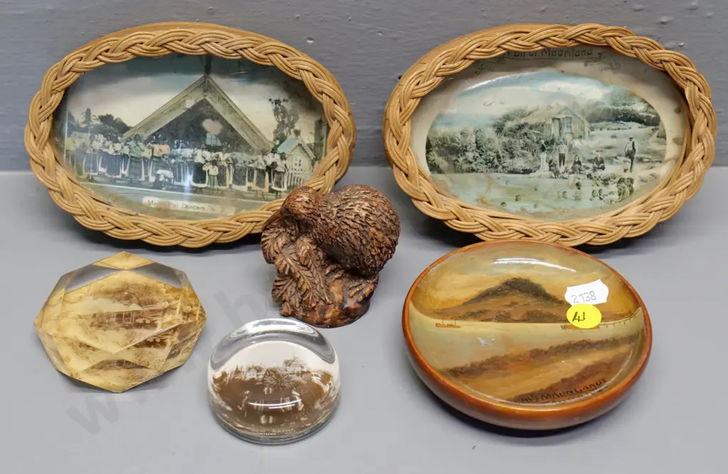 assorted vintage New Zealand souvenir ware - Tauranga, Rotorua, Maoriland scenes, composite kiwi, etc. Cane items 90x140 Image 1++