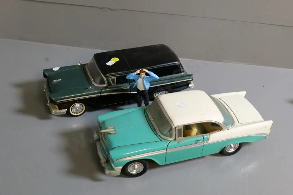 2 die-cast model cars - 1:18 Road Tough Chevrolet Belair and 1:18 Road Legends Ford Ranchero plus figurine Image 1++