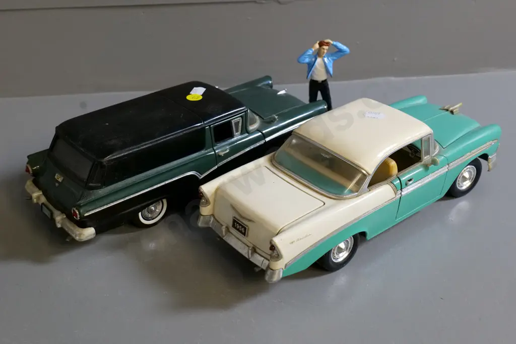 2 die-cast model cars - 1:18 Road Tough Chevrolet Belair and 1:18 Road Legends Ford Ranchero plus figurine Image 1++