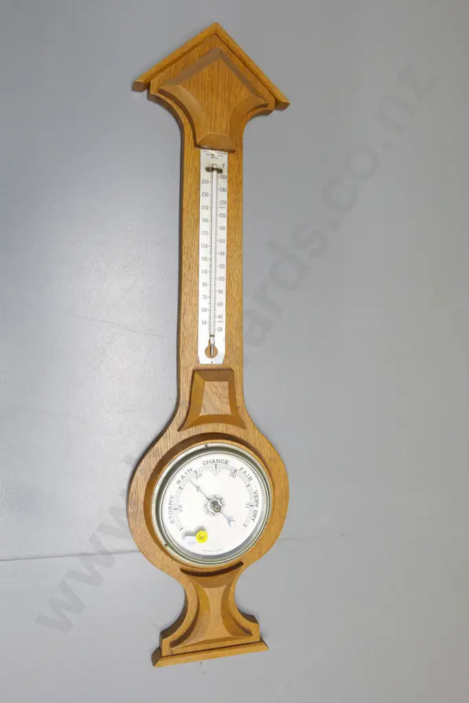 deco style carved oak cased barometer thermometer - marked British Made H-750 W-200 Image 1++
