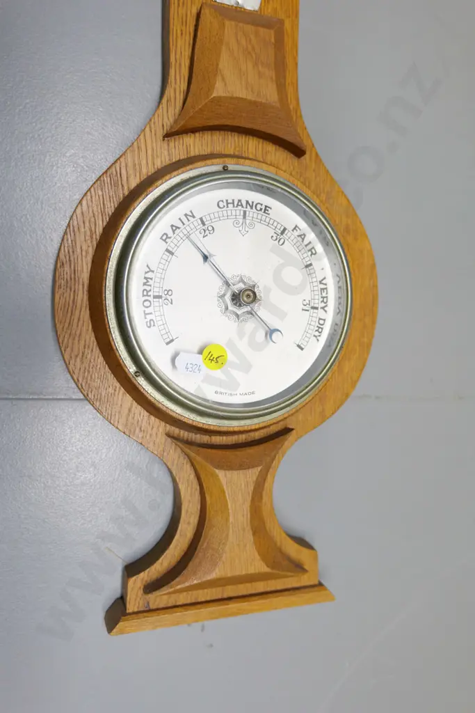 deco style carved oak cased barometer thermometer - marked British Made H-750 W-200 Image 1++