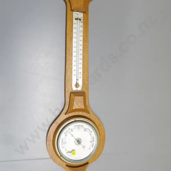 deco style carved oak cased barometer thermometer - marked British Made H-750 W-200