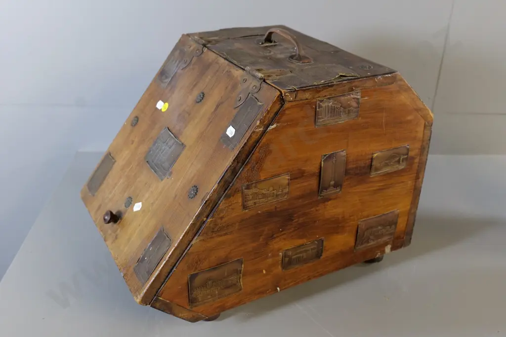 timber coal bin with hinged lid, decorated with pressed metal collector cards - some bent or damaged H360 W290 D440 Image 1++
