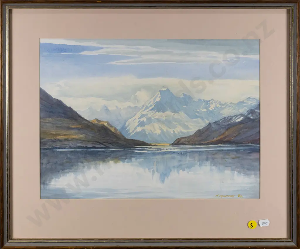 H Mountfort '84 - framed watercolour - lake and mountain scene H-260 W-360 Image 1++