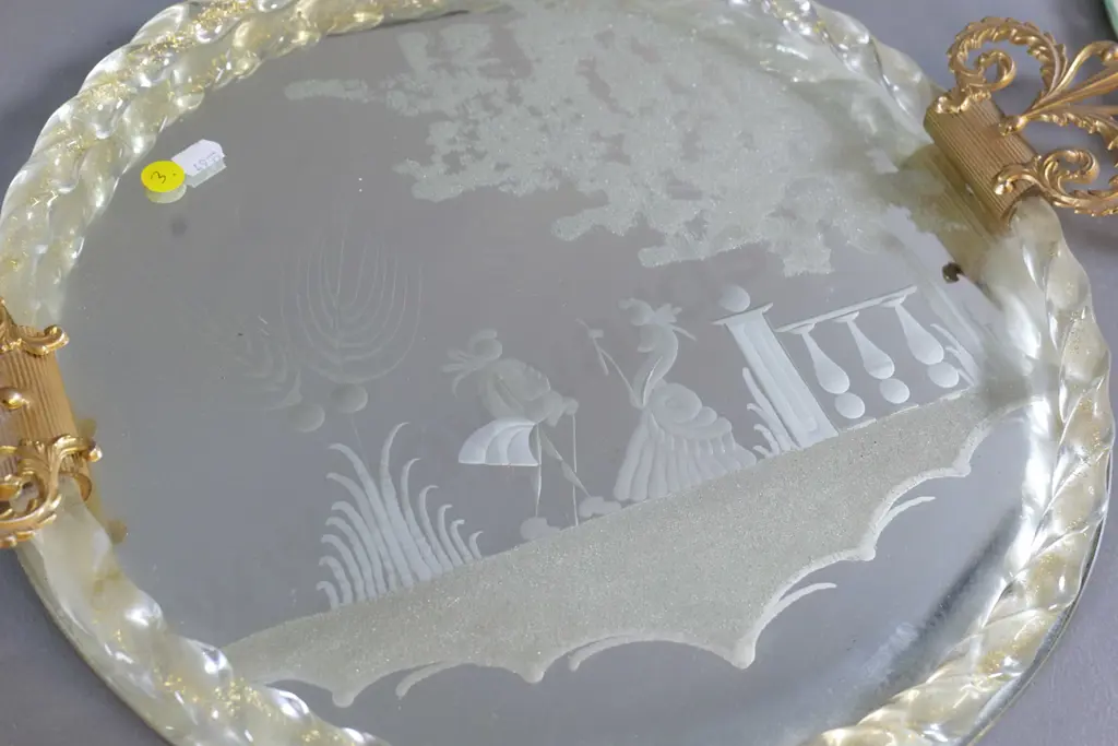 pair of mirrored trays with ormolu handles, etched motif, glass rope edged - W-440 across handles Image 1++