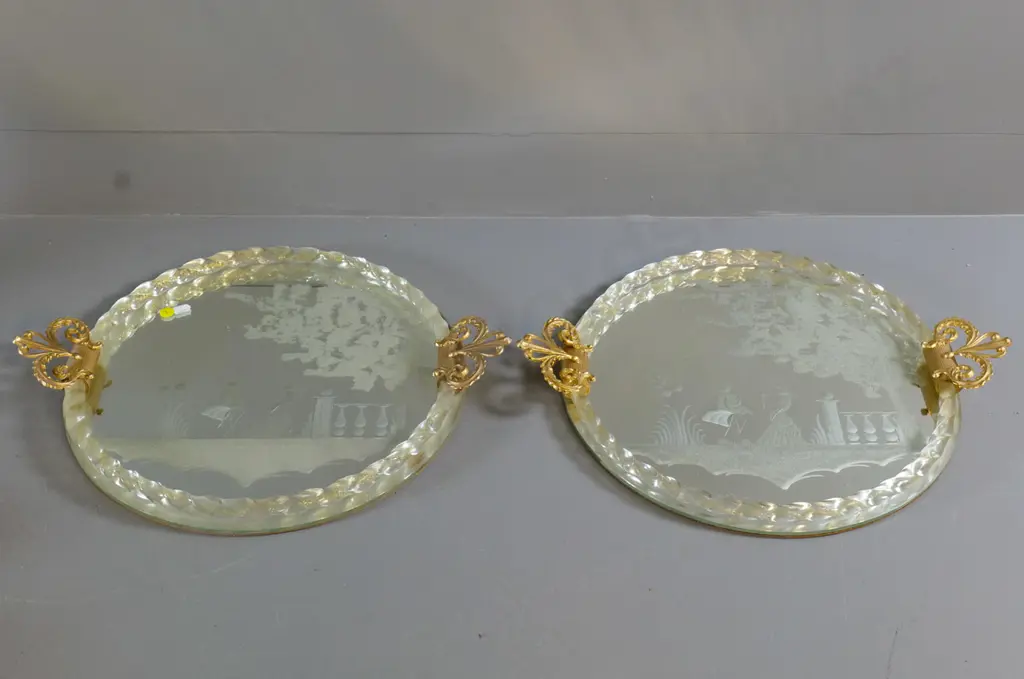 pair of mirrored trays with ormolu handles, etched motif, glass rope edged - W-440 across handles Image 1++