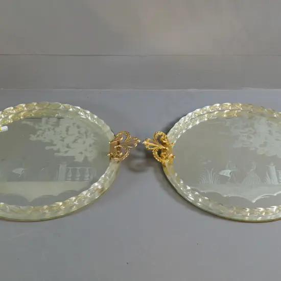 pair of mirrored trays with ormolu handles, etched motif, glass rope edged - W-440 across handles