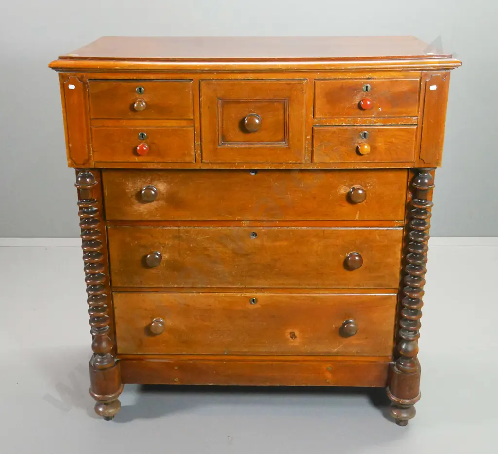 Victorian large 7-drawer break-front Scotch chest w/cotton reel columns, split on top, missing 2 escutcheons H1290 W1170 Image 1++
