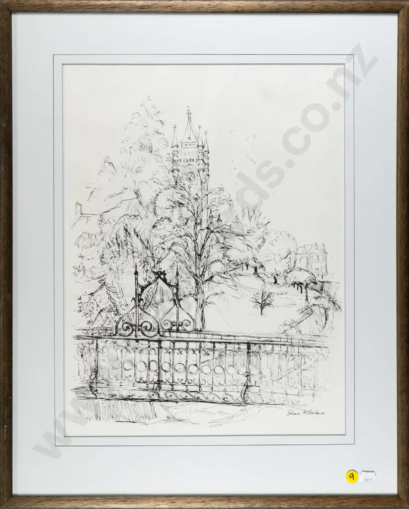 framed Shona McFarlane print - Otago University Clock tower H-400 W-310 Image 1++