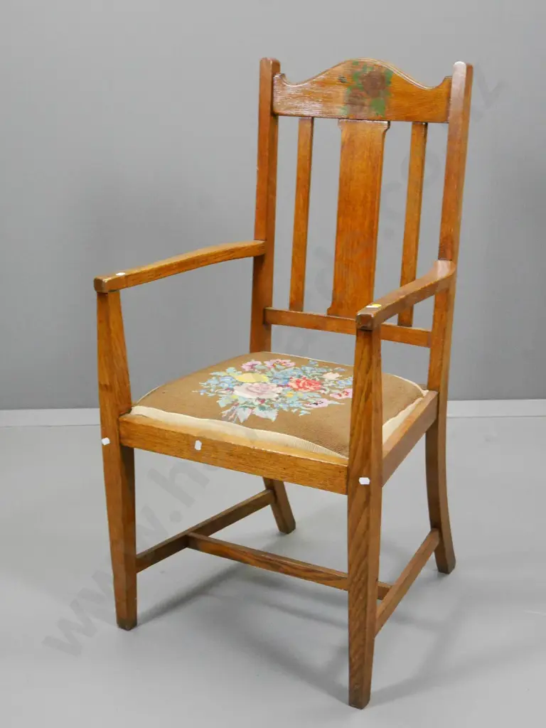 deco oak armchair with painted rose motif, hand-worked tapestry seat, joints slightly loose H1040 W550 D490 Image 1++