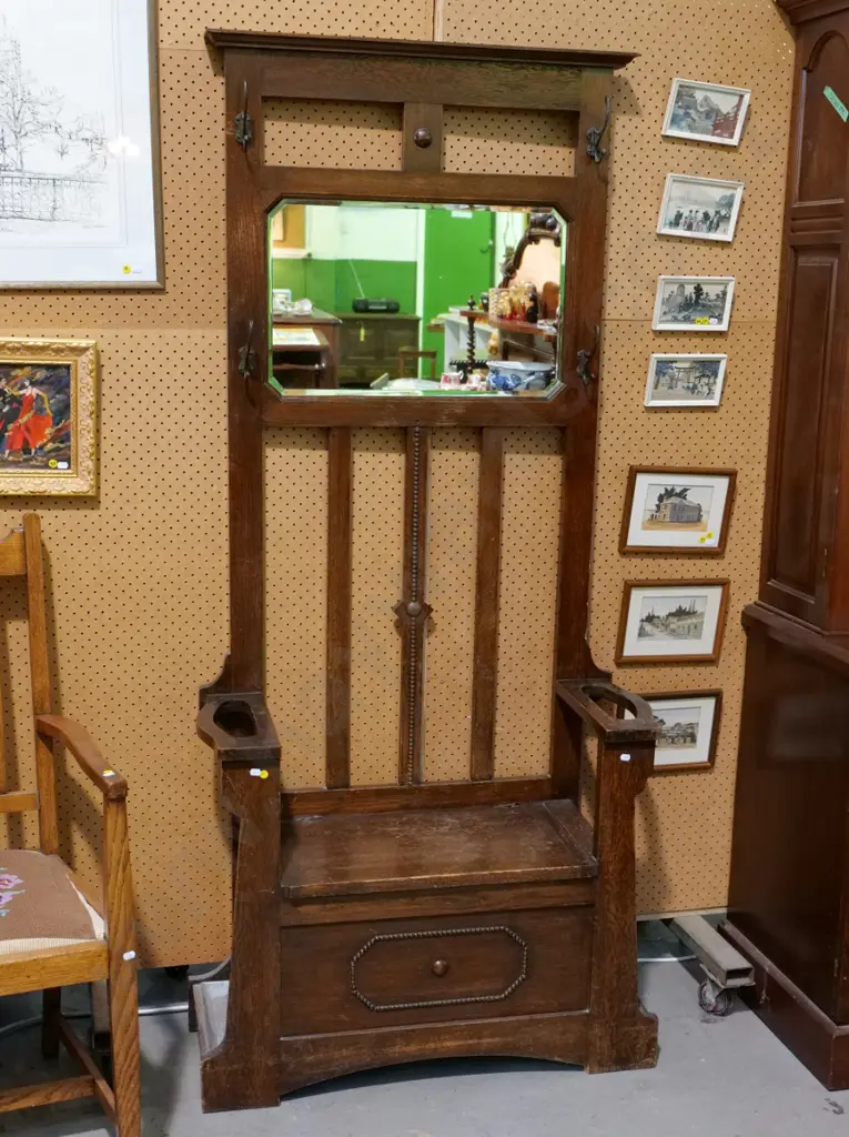 deco oak hall stand/seat with bevelled mirror, 4 metal coat hooks, umbrella holders - polish needs work H1880 W840 D340 Image 1++