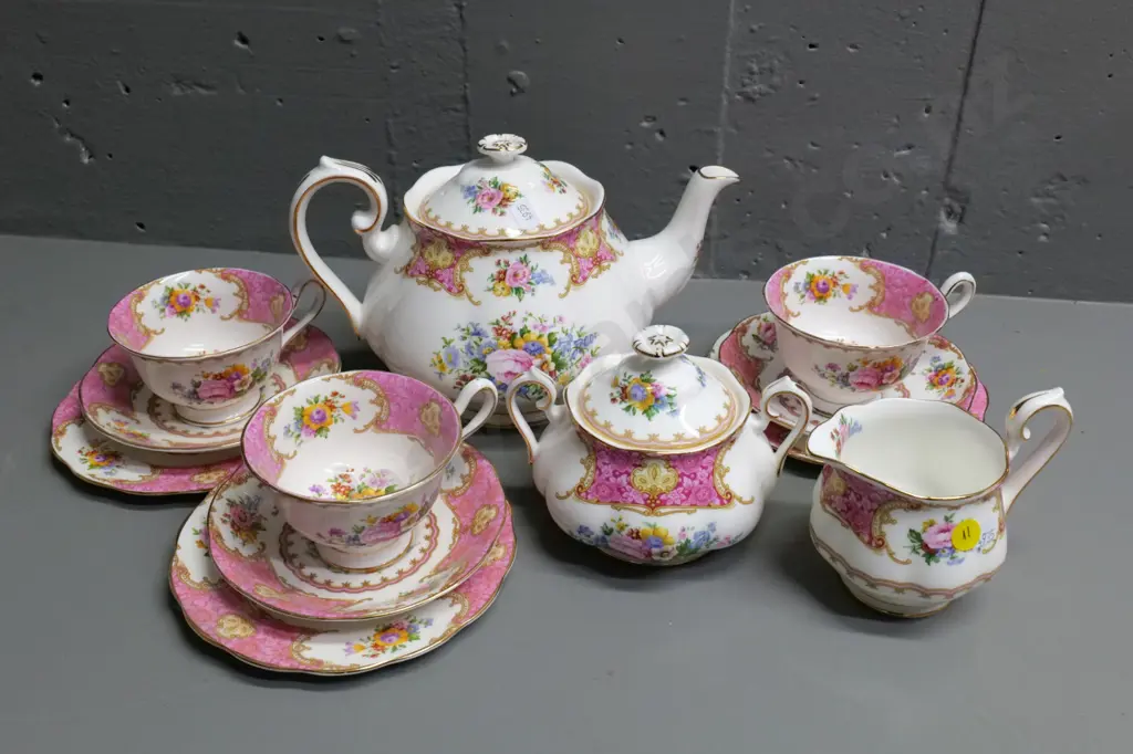 Royal Albert Lady Carlisle teapot, cream, sugar and 3 trios Image 1++