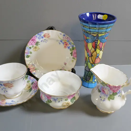 Royal Albert 'Beatrice' trio, cream & sugar (please note - chip to sugar bowl) and a Tupton ware vase H-200