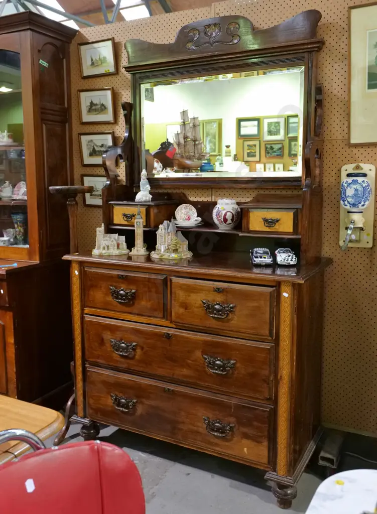 Edwardian mixed timber 6 drawer bevelled edge mirror back dresser H-1880 W-1070 D-460 Image 1++