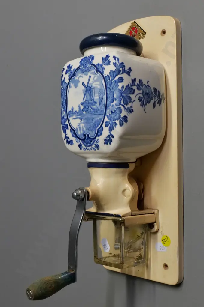 wall-mounted Delft style blue & white De Ve  coffee grinder - wooden backing board H-340 W-130 Image 1++