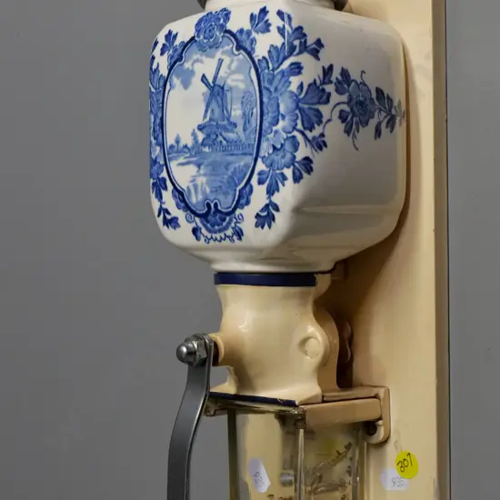 wall-mounted Delft style blue & white De Ve  coffee grinder - wooden backing board H-340 W-130