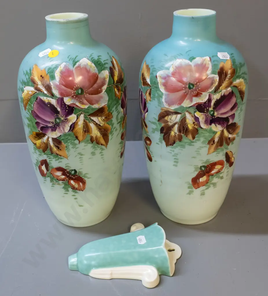 vintage pair of hand-painted glass vases - floral pattern on milk glass H-330 and a small Poole wall pocket vase Image 1++