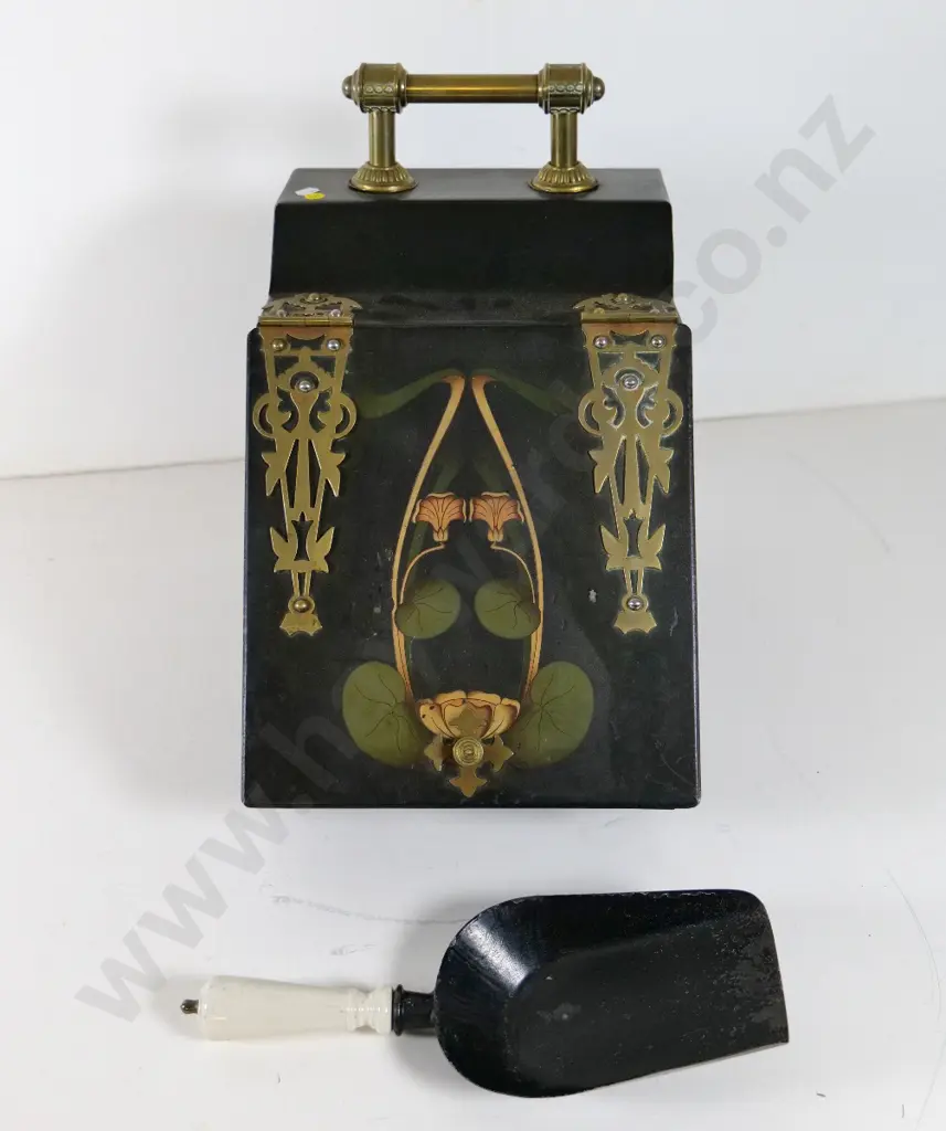 metal coal scuttle with liner w/ceramic handled shovel, brass handle and hinges and art nouveau style painted decoration Image 1++