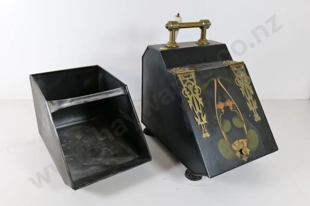 metal coal scuttle with liner w/ceramic handled shovel, brass handle and hinges and art nouveau style painted decoration Image 1++