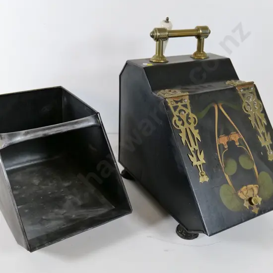 metal coal scuttle with liner w/ceramic handled shovel, brass handle and hinges and art nouveau style painted decoration