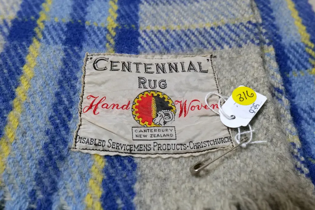 hand-woven wool travel rug - Disabled Serviceman's Products, Christchurch label - minor damage Image 1++