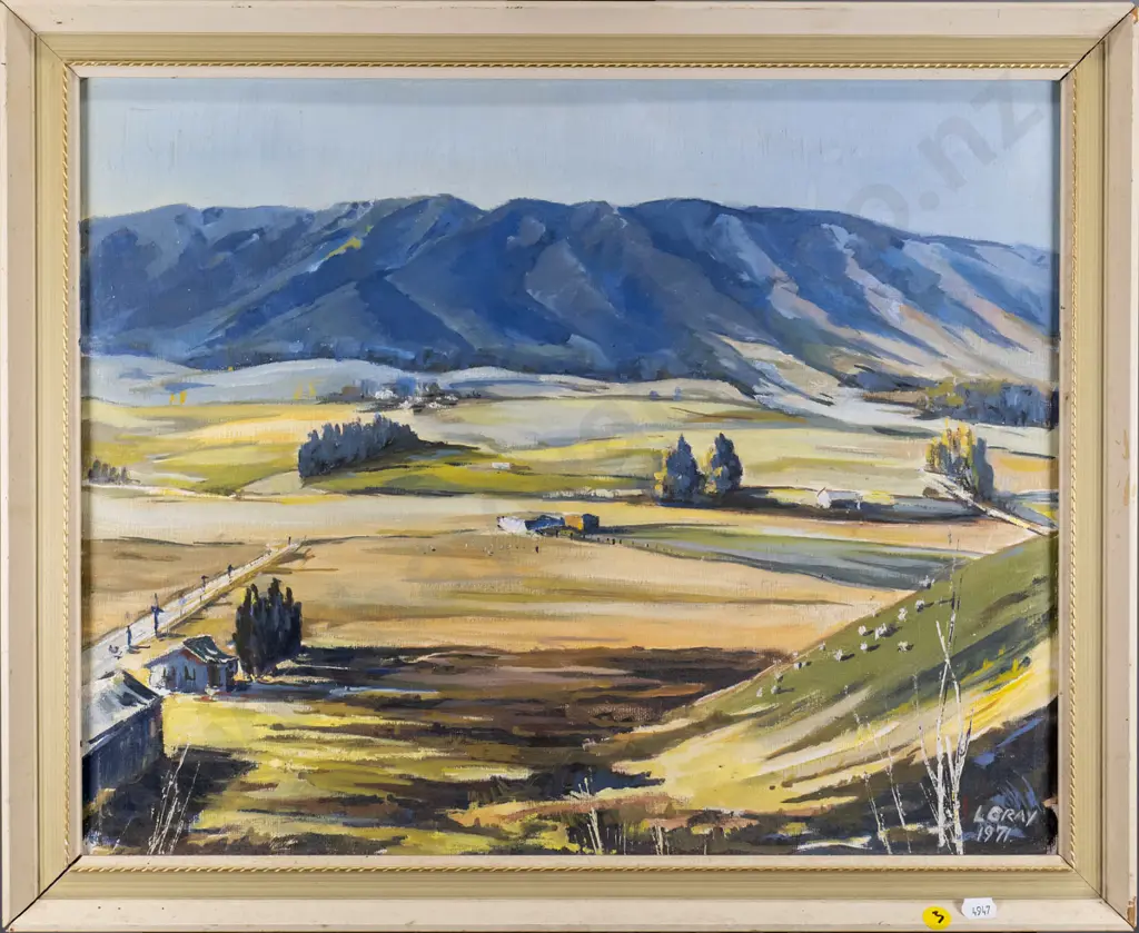 L Gray 1971 - framed oil - mountain and plain scene H-400 W-495 Image 1++