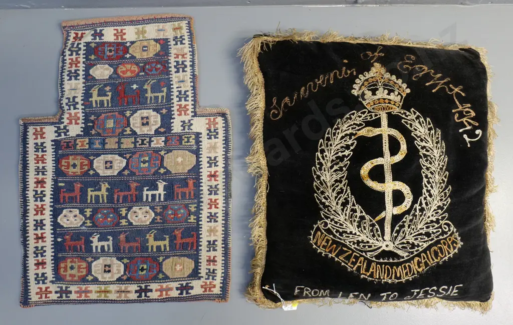 NZ Medical Corp Souvenir of Egypt 1942 embroidered velvet cushion and a small woven kilim bag H480 W350 Image 1++
