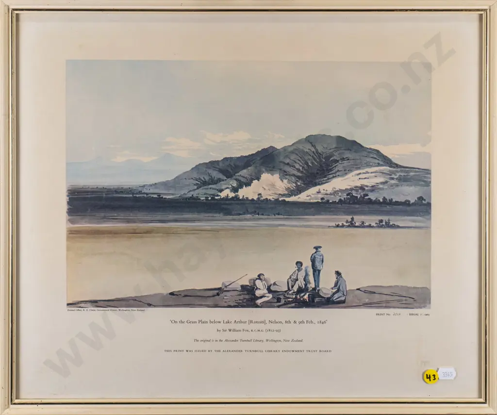 framed historic print "On the Grass Plain Below Lake Arthur (Rotioti) Nelson (fading) H-230 W-340 Image 1++
