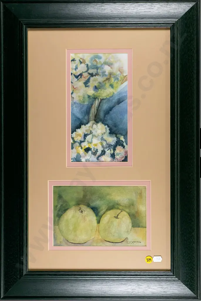 J Campbell - framed watercolour - flowers and fruit H-380 W-180 Image 1++