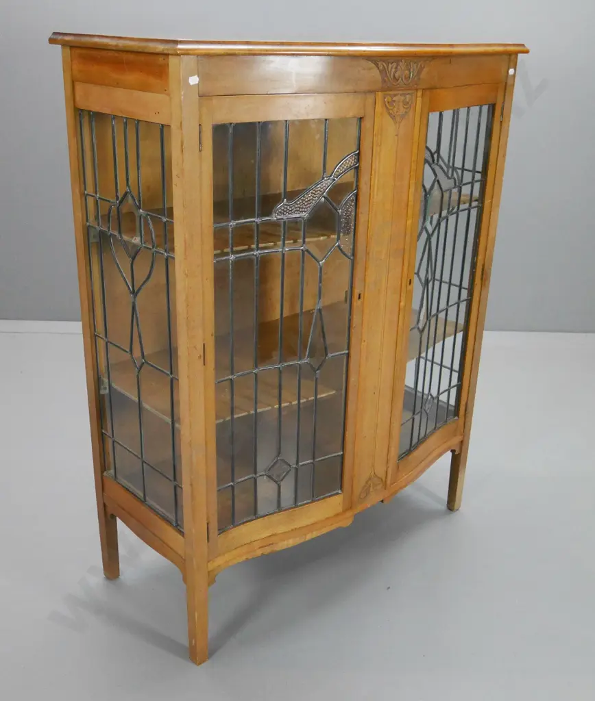 Victorian beech leadlight china cabinet (small crack on left side, water marks to top) H-1200 W-930 D-460 Image 1++