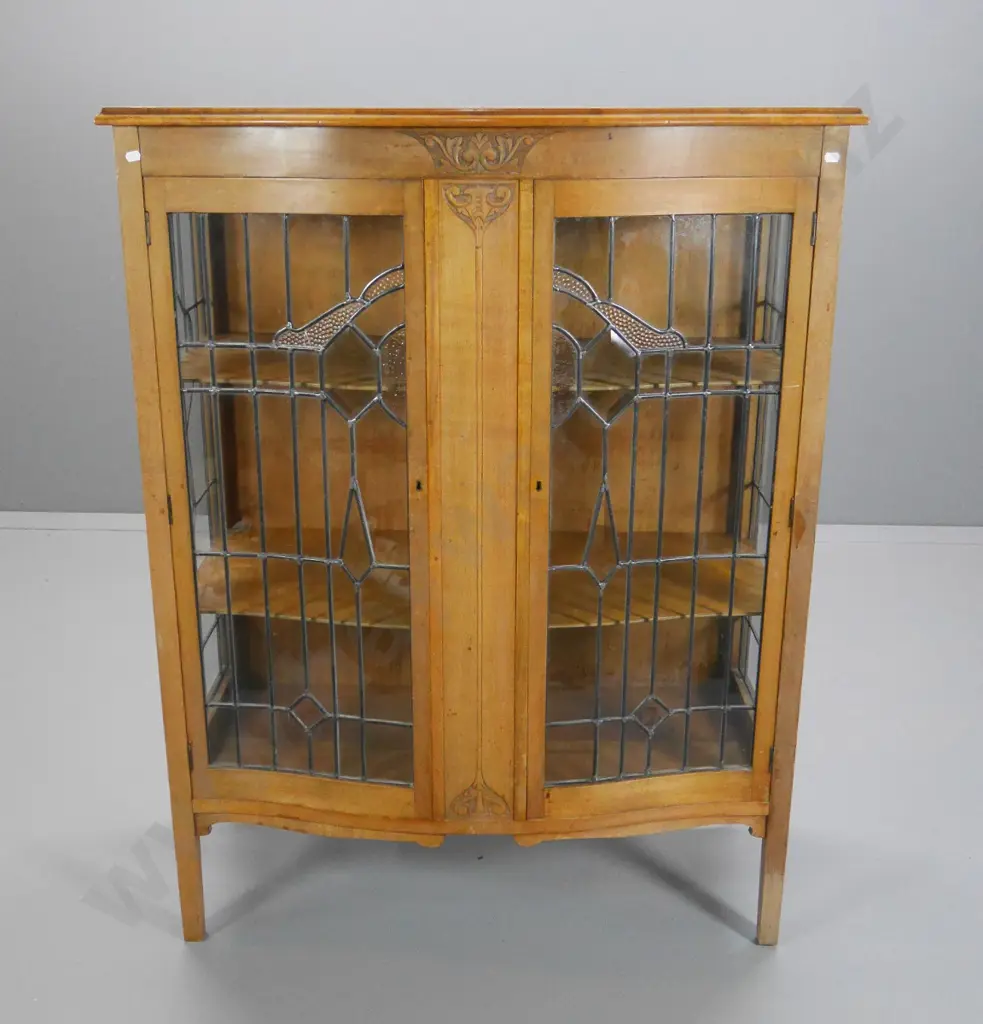 Victorian beech leadlight china cabinet (small crack on left side, water marks to top) H-1200 W-930 D-460 Image 1++