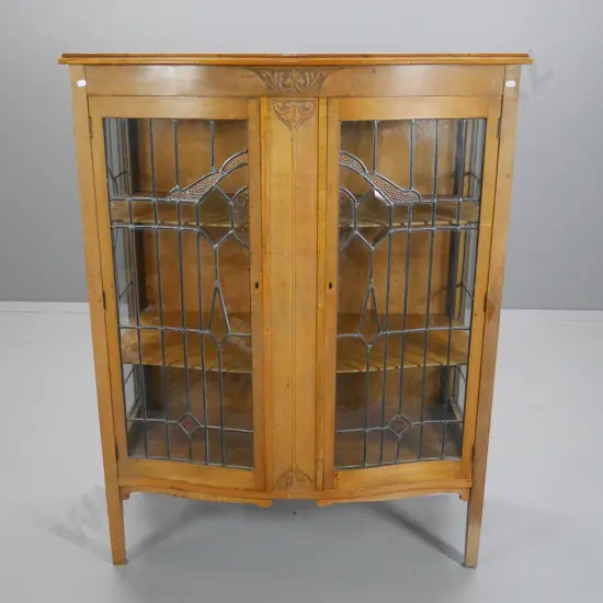 Victorian beech leadlight china cabinet (small crack on left side, water marks to top) H-1200 W-930 D-460