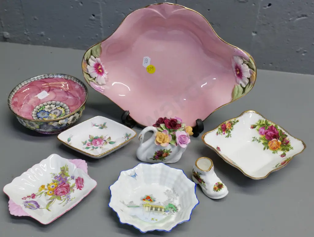 English china items - Royal Winton petunia plate, 3 pieces Royal Albert, Maling bowl, Spode & 2 Shelley pin dishes Image 1++